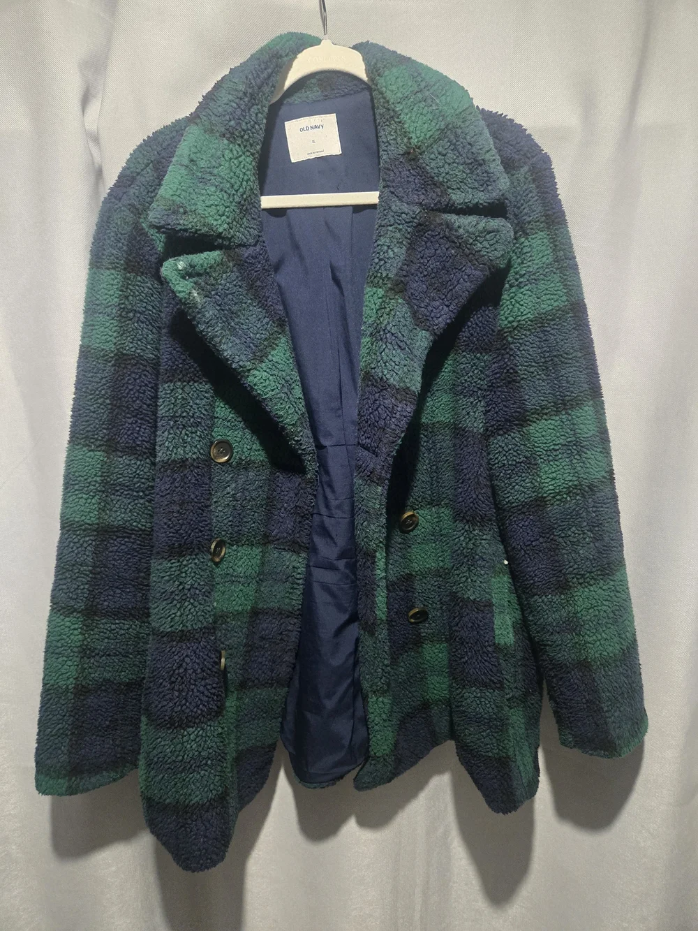 Old Navy Green and Navy Plaid Teddy Jacket - Picture 1 of 2